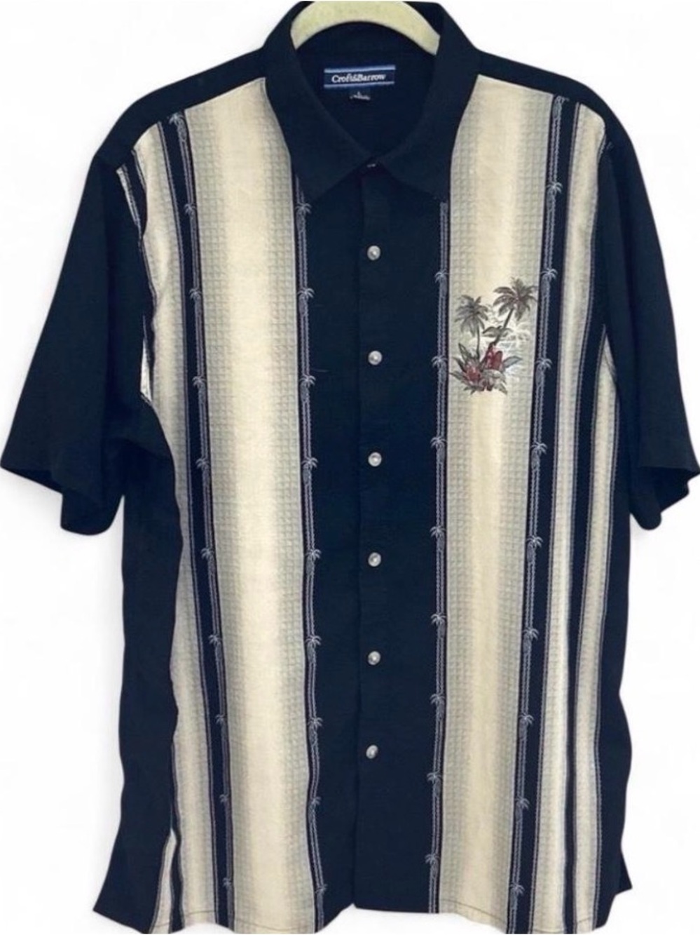 croft & barrow Black and Cream Vertical Stripe Tropical Embroidered Shirt